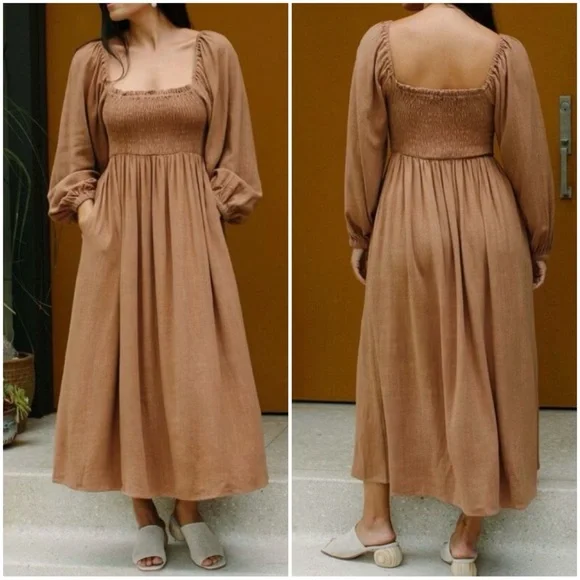 Rachel Pally Puff Sleeve Midi Dress Tan Brown Medium Boho - Picture 1 of 7
